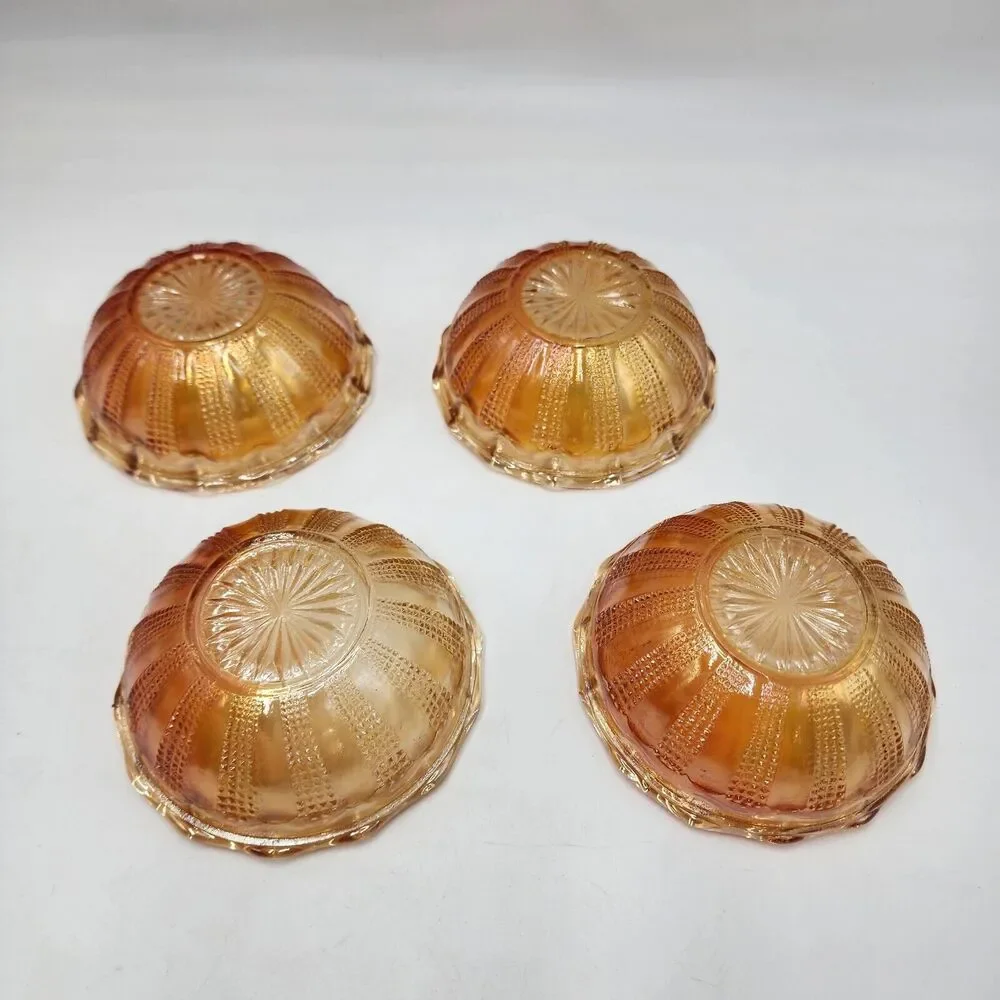 Set Of 4 Hazel Atlas Diamond Point Carnival Glass Iridescent Berry Dessert Bowls